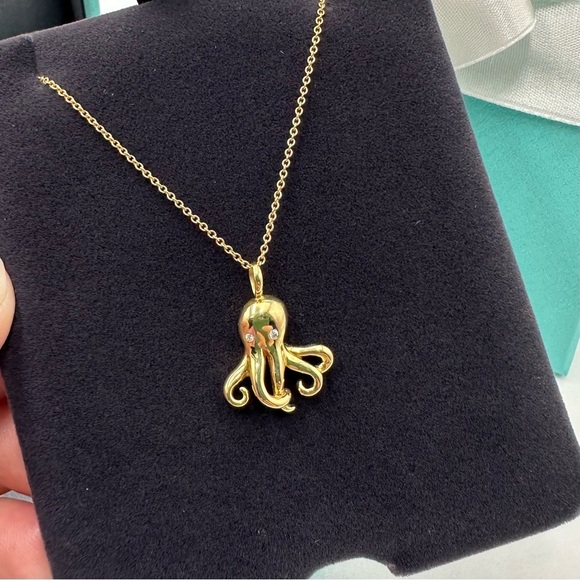 RARE Tiffany & Co. 18K Yellow Gold Diamond Octopus Charm Necklace 18” Packaging - Picture 12 of 13